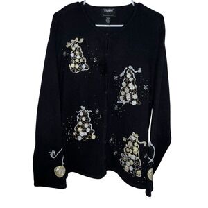 Studio Joy Christmas Sweater 1X Black with Gold/Silver Trees Beads & Bling Ramie